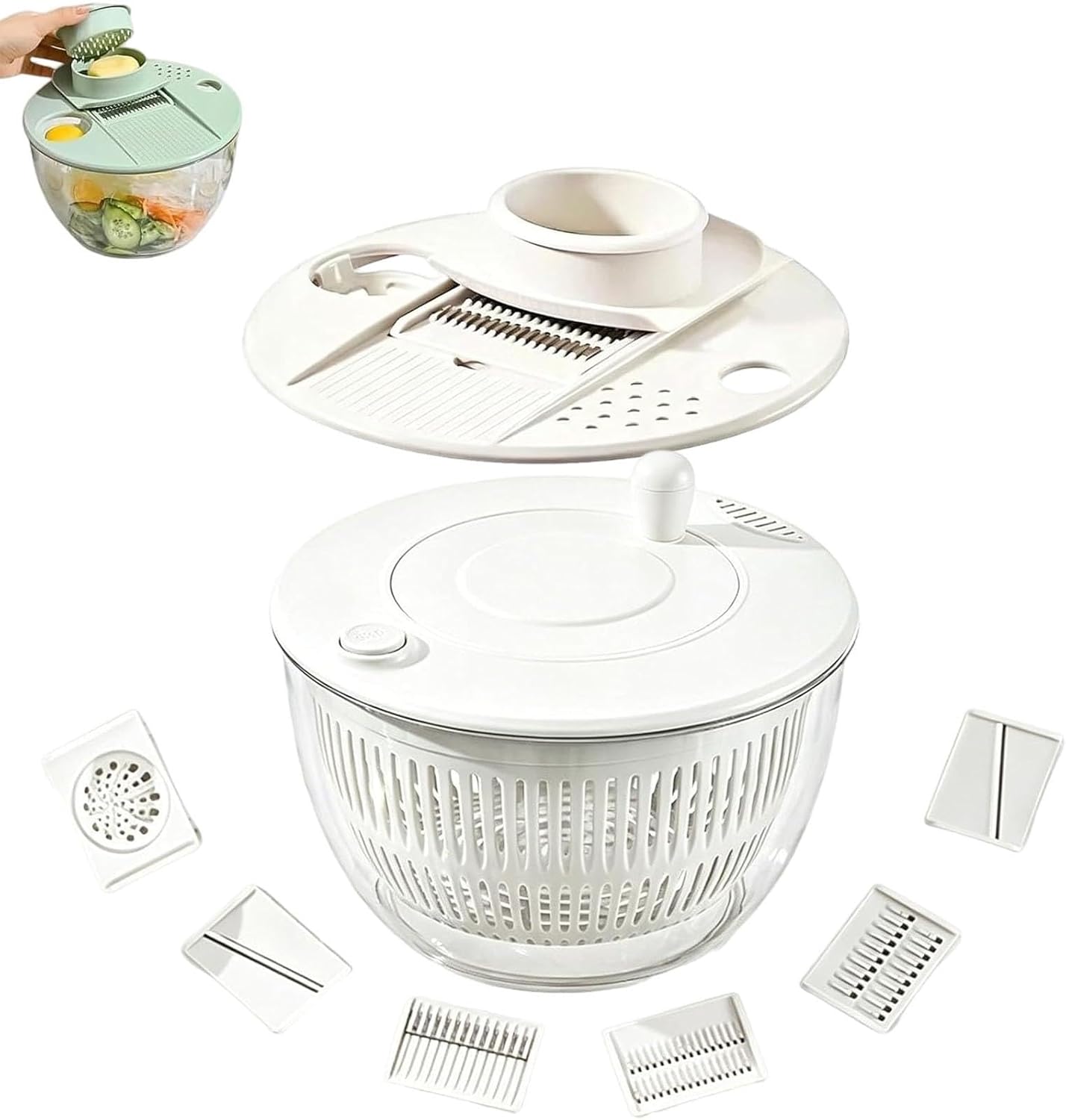 Large Capacity Multi-Function Salad Spinner with Quick Stop Button, Salad Spinner Stainless Steel, Salad Spinner Large, with 5 Blade Slicer Egg Yolk Strainer Shredder (Green)