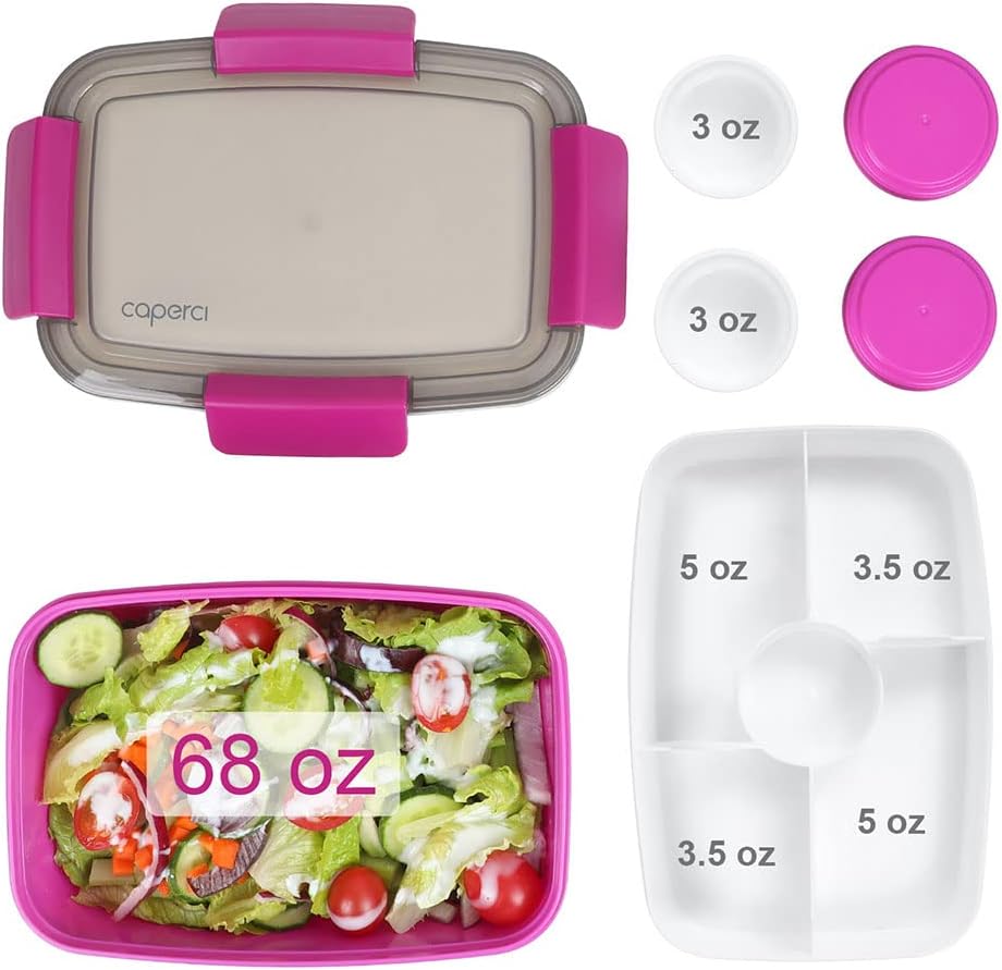 Caperci Large Salad Container Bowl for Lunch - Better Adult Bento Lunch Box 68 oz, 5-Compartment Tray, 2pcs 3-oz Sauce Cups, Stackable, BPA-Free (Navy)