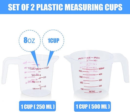 DTDNZKN 2 Pack Measuring Cup Set, Includes 250Ml (1-Cup), and 500Ml (2-Cup) Plastic Liquid Measuring Cups- Baking, Cooking, Mixing & Measuring Cups, Essential Kitchen Tools