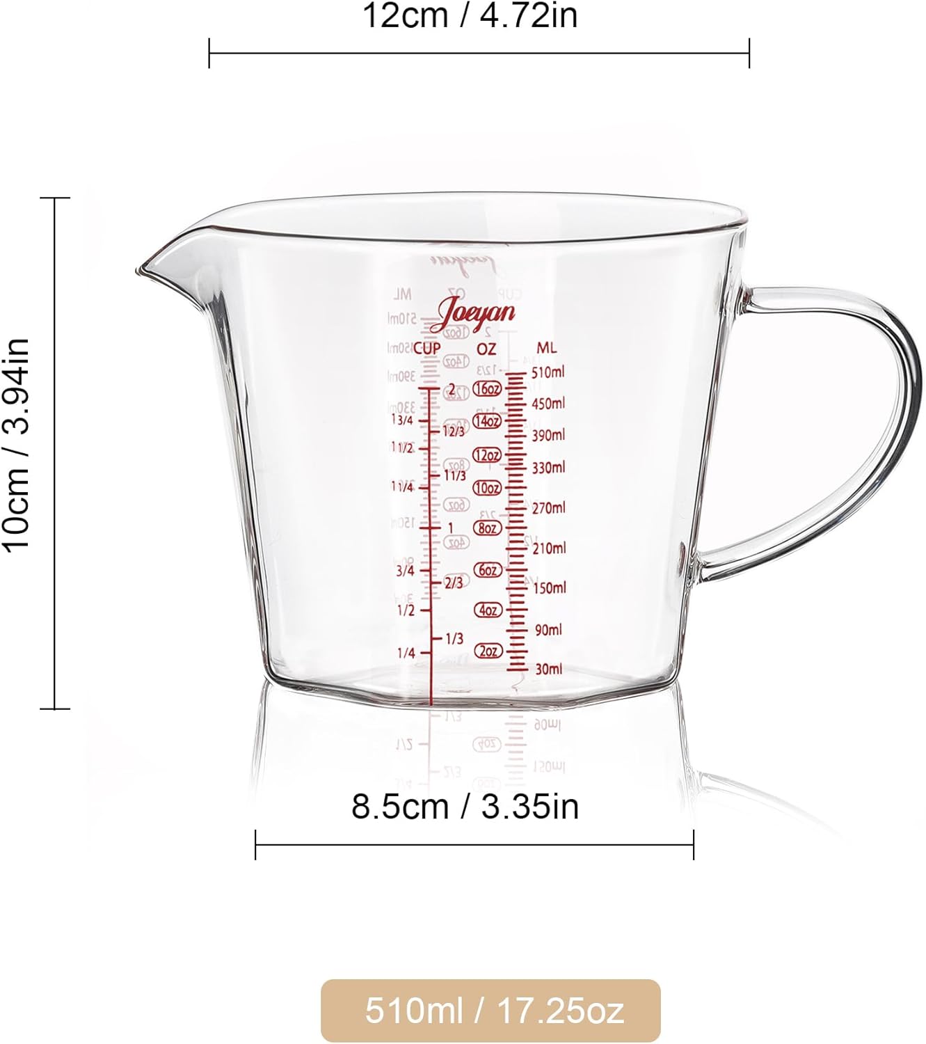 Joeyan 17 oz Glass Measuring Cup with Spout and Handle,2 Cup Large liquid Measuring Pitcher Jug,Stackable Borosilicate Kitchen Mixing Bowl,Glass Bakeware Batter Bowls