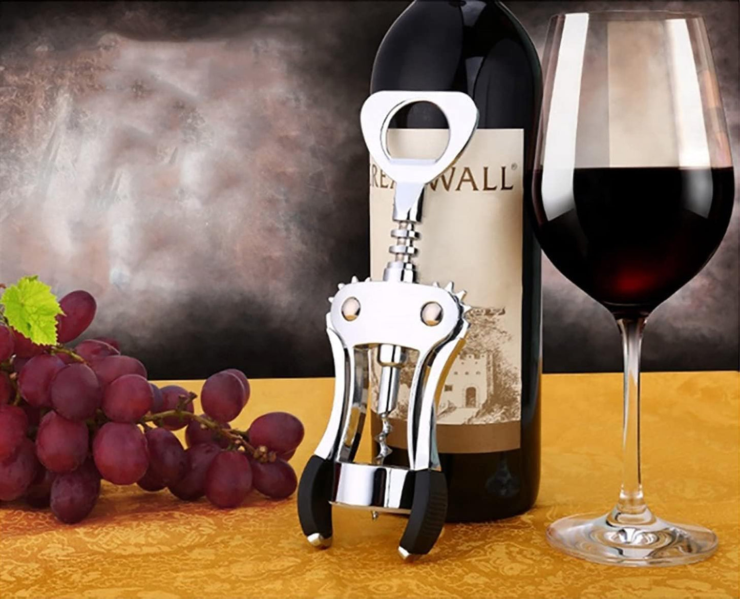 Professional Wing Corkscrew - Zinc Alloy Wine Opener with Non-Slip Silicone Handle - Multifunctional 2 in 1 for Red Wine and Beer Bottles - Ideal for Home Bars, 19 x 6 x 5.5 CM, Natural