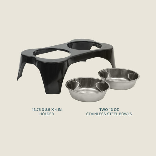 Gibson Home Bow Wow Meow 3-Piece Elevated Dog Bowl Set – Bone-Shaped Raised Feeder with 2 Stainless Steel Bowls for Medium to Large Dogs, Non-Slip, Easy to Clean, Grey
