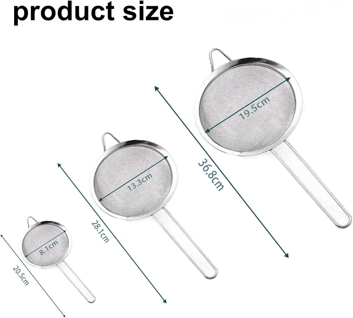3Pcs Stainless Steel Fine Mesh Strainer Set (Small/Medium/Large) – Metal Sieve Sifter with Handle, Ideal for Rice/Juice/Quinoa/Flour, Kitchen Baking & Straining Tools