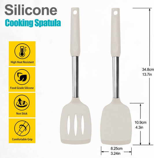 2 Pack Spatulas, Solid & Slotted Silicone Spatula Set, Stainless Steel Handle Coated with Silicone, Non Stick Turners, Heat Resistant Rubber Spatulas for Fish, Eggs, Pancakes, WOK, Black