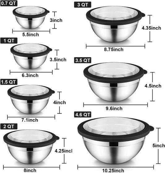 E-far Stainless Steel Mixing Bowls with Airtight Clear Lids Set of 7, Metal Nesting Bowls for Kitchen Prep, Baking, Cooking, Serving, Salad, Dishwasher Safe, Size 4.6, 3.5, 3, 2, 1.5, 1, 0.7QT, Khaki