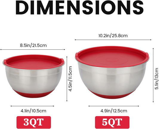 MARSKITOP Stainless Steel Mixing Bowls with Lids Set, Nesting Mixing Bowls with Airtight Lids, Measurement Marks and Red Non-Slip Bottoms, Great for Mixing and Serving, 1.5QT & 3QT & 5QT