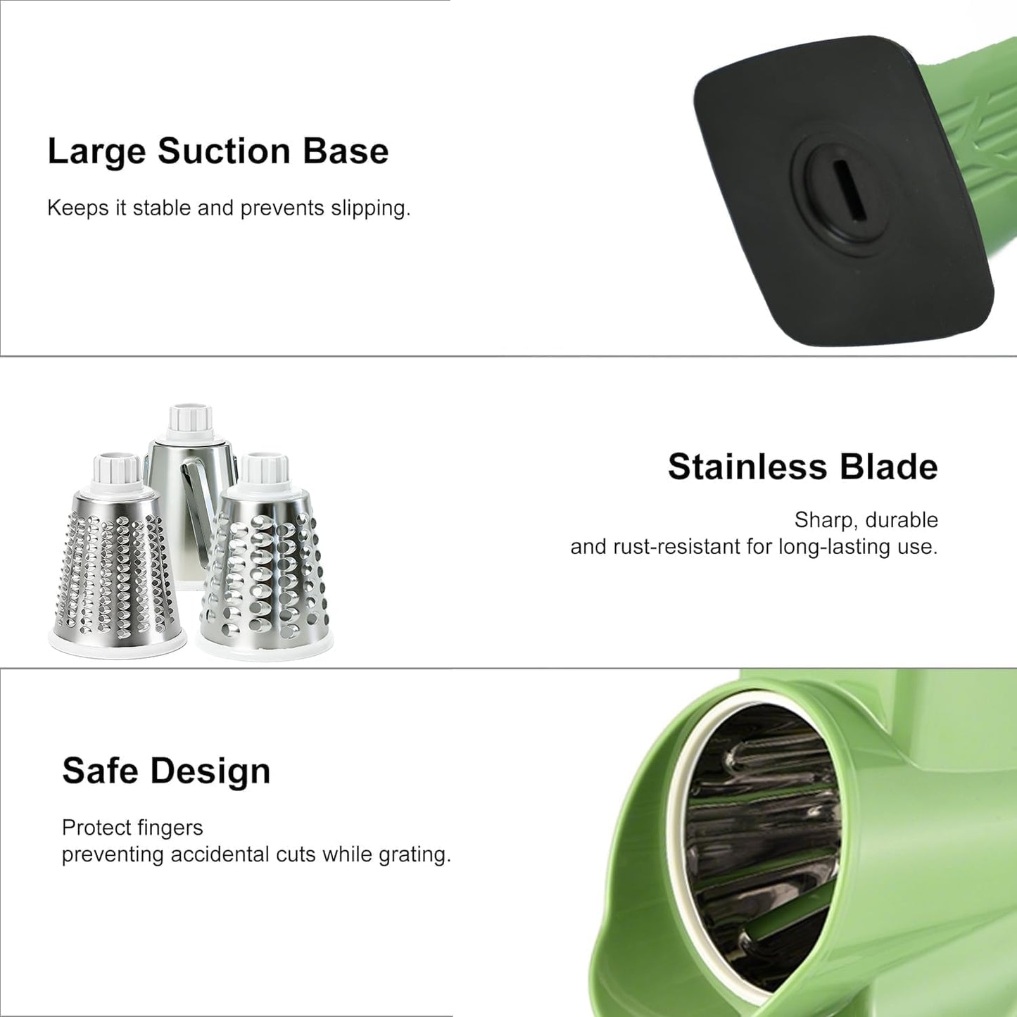 Rotary Cheese Grater Shredder Slicer - 3-in-1 Handheld Crank with Food Pusher for Hard Cheese, Vegetables, Chocolate - Ergonomic Hand Crank, Dishwasher Safe Gray Cyan
