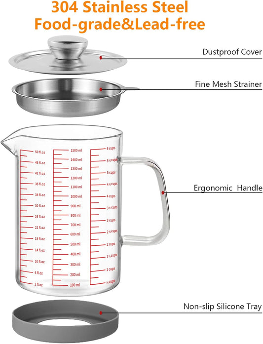 Luvan 1.5L/50oz Glass Bacon Grease Container with Strainer, Cooking Oil Storage Can with Fine Mesh Filter, Lid and Easy-Grip Handle, Fat Separator for Storing Fats, Frying Oil and Cooking Grease