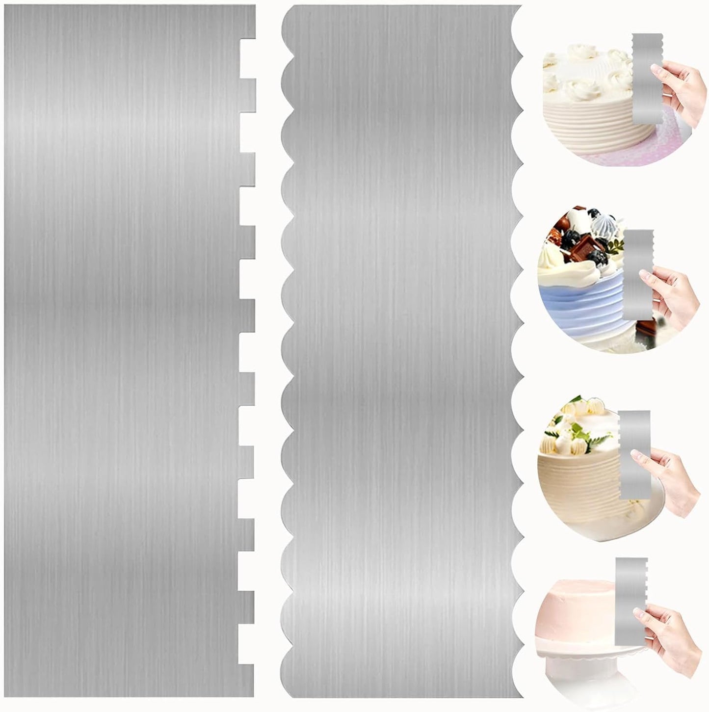 2 Pcs Stainless Metal Cake Scraper Smoother Double Sided Patterned Edge Cake Decorating Supplies Spatula Frosting Icing Tools Comb for Icing Cakes Buttercream Decorating
