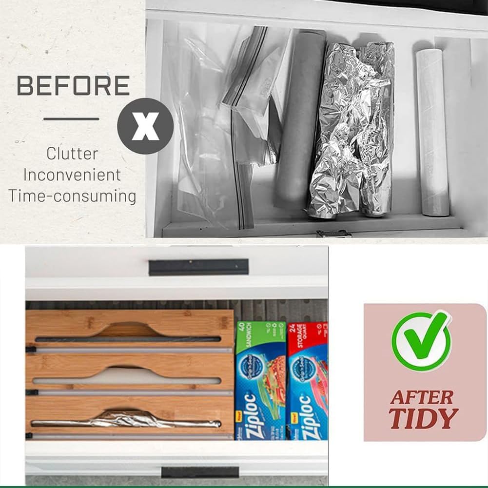 3 in 1 Plastic Wrap Dispenser with Cutter and Labels, Foil and Plastic Wrap Organizer, Aluminum Foil Organization and Storage, Foil Organizer for Drawer, Bamboo Aluminum foil Holder for 12.5"Roll Wrap