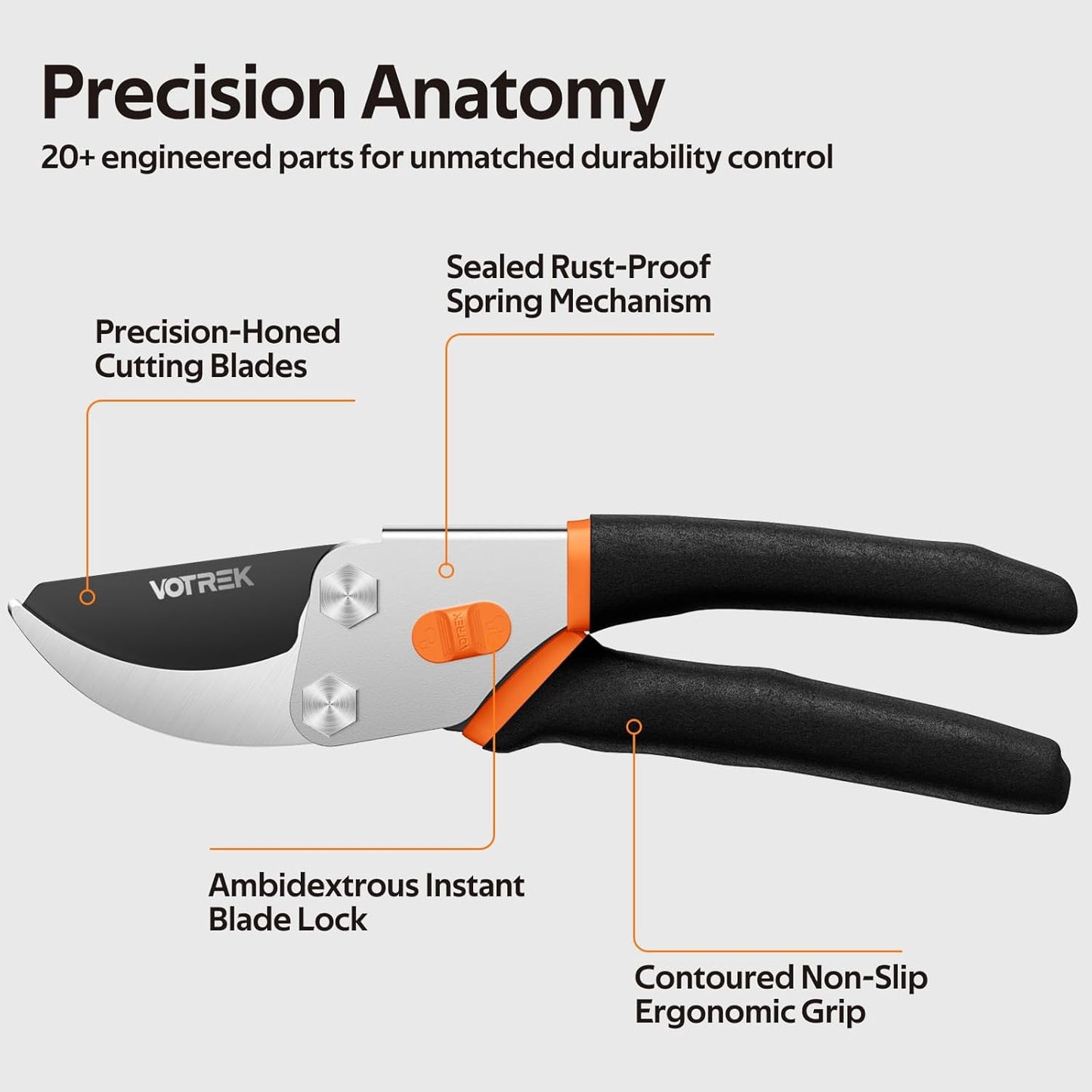 VOTREK® Pruning Shears, 8.5” Professional Garden Pruner with Jam-Proof Spring & Ever-Sharp SK5 Blade, Ergonomic Bypass Clippers for Rose, Tree Trimming, Heavy Duty Bonsai Scissor for Weak Hand