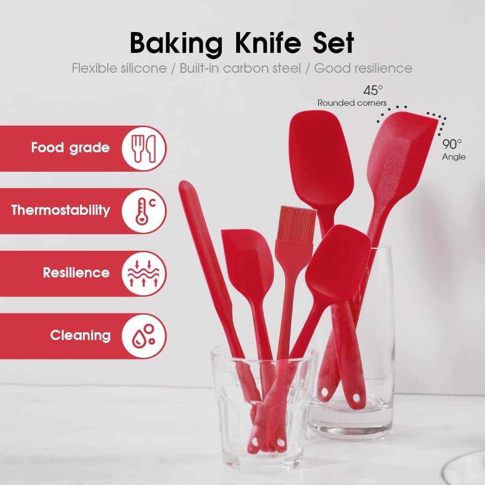 Food Grade Silicone Rubber Spatula Set for Baking, Cooking, and Mixing High Heat Resistant Non Stick Dishwasher Safe BPA-Free Multicolor Set of 6(Red)