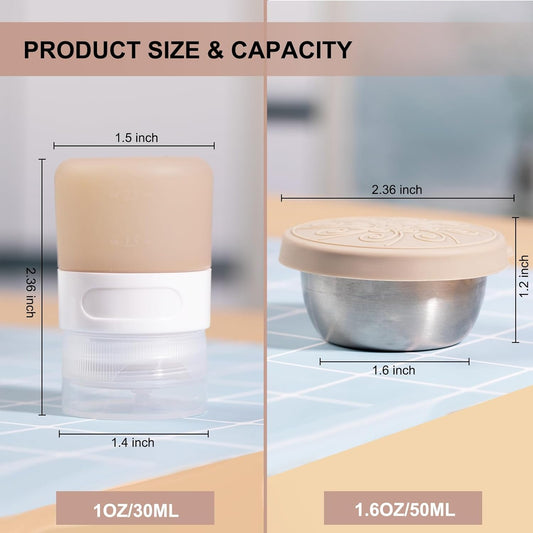 MICEBAY 8-Pack Salad Dressing Container To Go, 2-oz Silicone Small Condiment Squeeze Bottles and 1.6 oz Stainless Steel Sauce Containers Cups, Leakproof Condiment Containers with Lids for Lunch Box