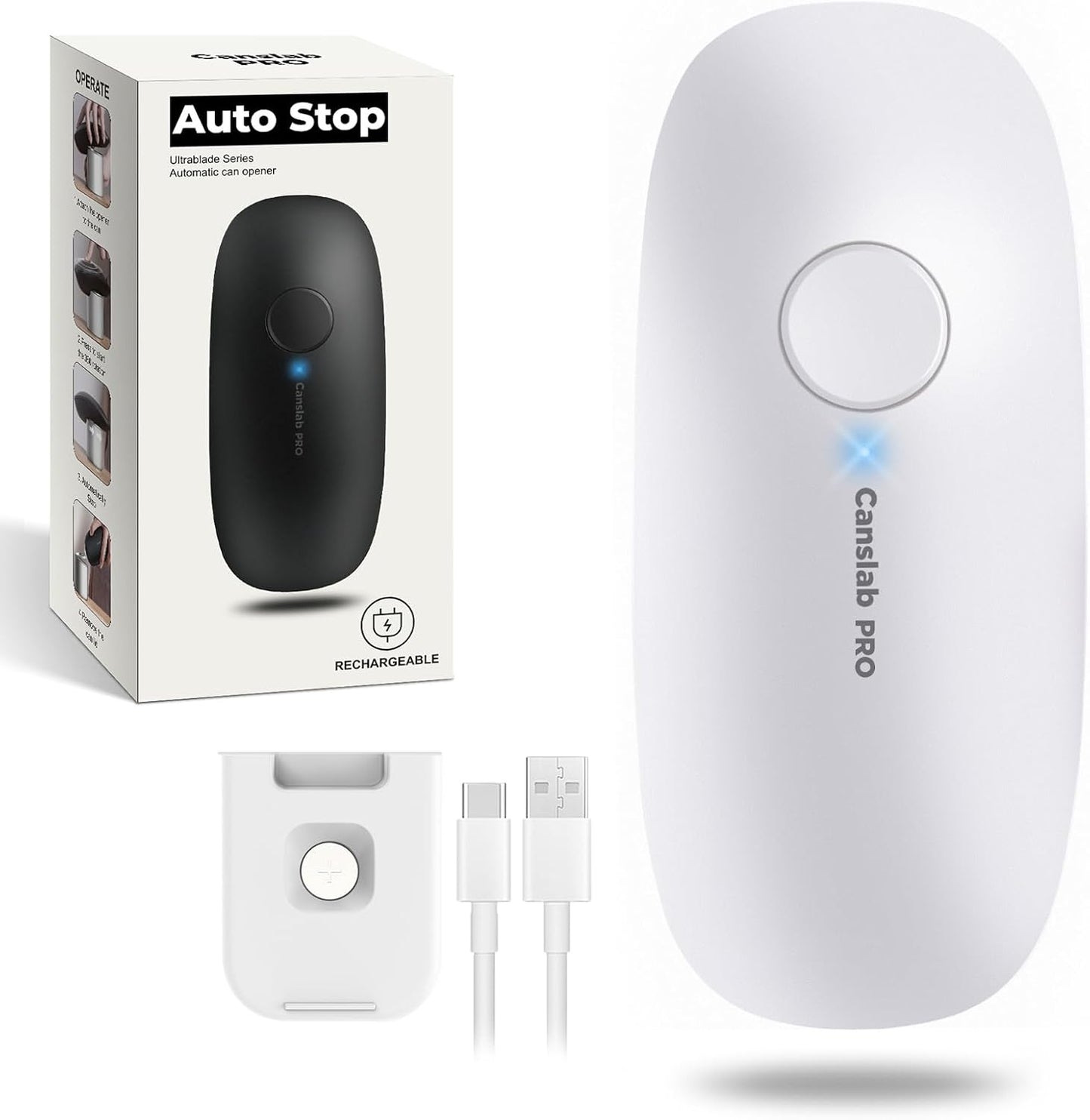 Canslab Ultrablade PRO Auto Stop Can Opener - Rechargeable Electric Can Opener for Kitchen for Seniors with Arthritis - One Touch Side Cut Opener, Smooth Edge, Handfree, Wall Mounted Small Size, Black
