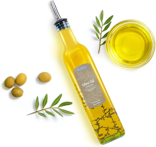 Olive Oil Dispenser Bottle - 16 oz, Made in Italy Glass Olive Oil and Vinegar Cruet with Stainless Steel Spout for Kitchen, Slight Green Tint (1, 473 ml)