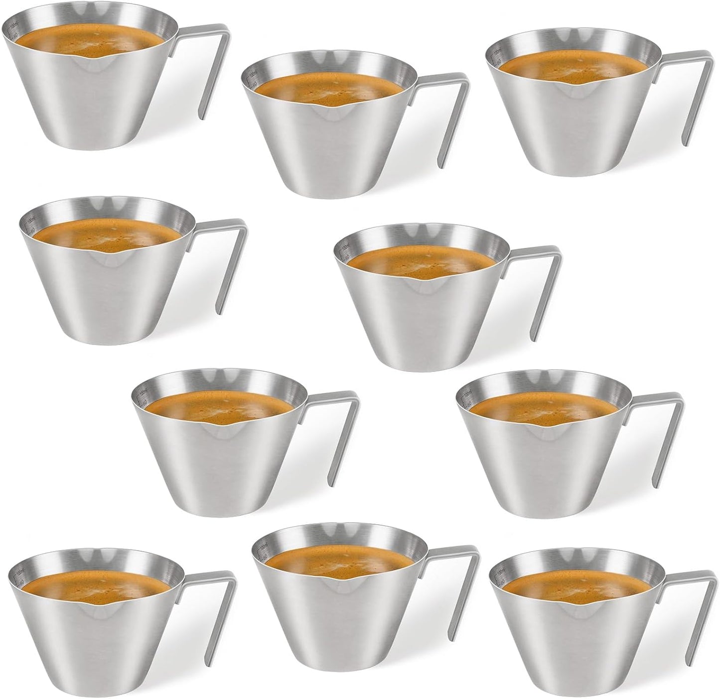 YARRAMATE 2 Pcs Espresso Cups with Handle, Stainless Steel Espresso Accessories, Double Spout Metal Measuring Cup with Dual Scale, Espresso Shot cup with V-Shaped Mouth, 3.4OZ/100ML(Silver)