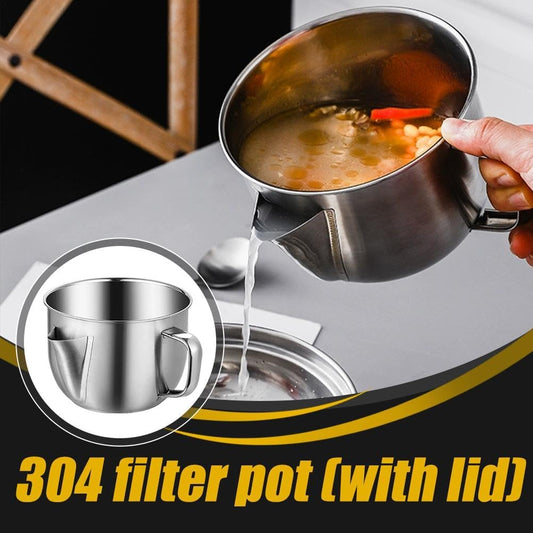 Stainless Steel Fat Separator,Gravy Grease Separator with Strainer and Glass Lid,Meat Strainer For Grease With Handle,Soup Oil Separator Cup for Cooking,Remove Excess Oil From Soup Or Food (Slivery)