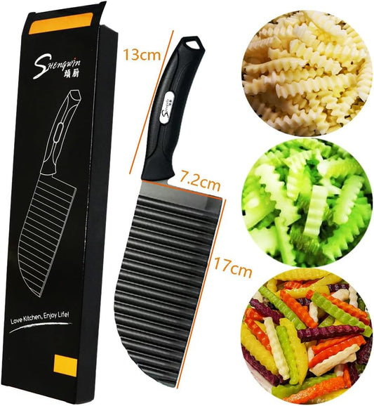 Crinkle Potato Cutter, Crinkle Cut Knife for Veggies French Fry Cutter, Kitchen Wavy Slicer Knife for Chopping Carrot Cucumber Stainless Steel Blade 2.9" x 11.8"