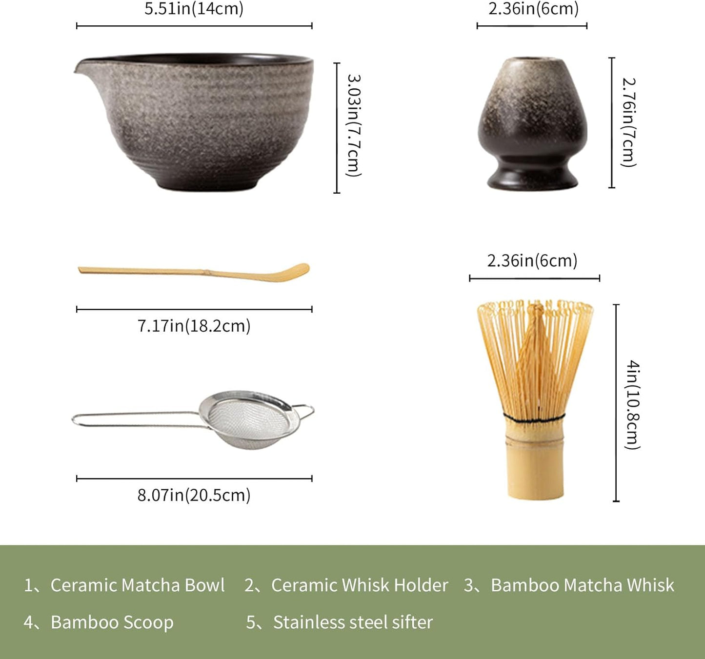 Matcha Whisk Set,Matcha Set Includes Ceramic Bowl with Spout,Stainless Sifter,Scoop,Whisk and Holder,Complete 5 Pcs Japanese Matcha Kit Making Tools,Green