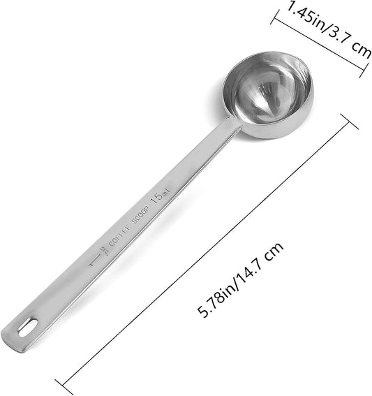 2 Pack Coffee Scoop, Tablespoon measure spoon contains 1 tablespoon (15ml) and 2 tablespoons (30ml), Stainless steel long handle coffee spoon silver