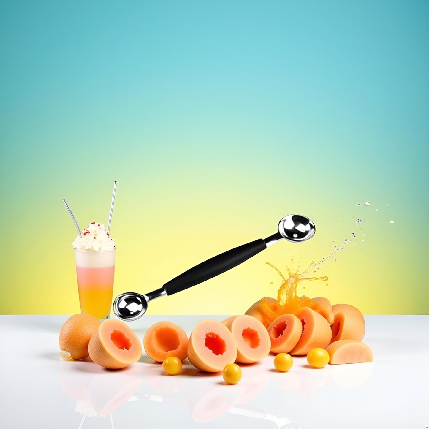 4Pcs Silver 2 in 1 Stainless Steel Melon Ballers Melon Scoop,Double-Sided Fruit Melon Baller Spoon, Suitable Watermelon Cantaloupe Ice Cream Comfortable Non-Slip Grip, Melon Ballers