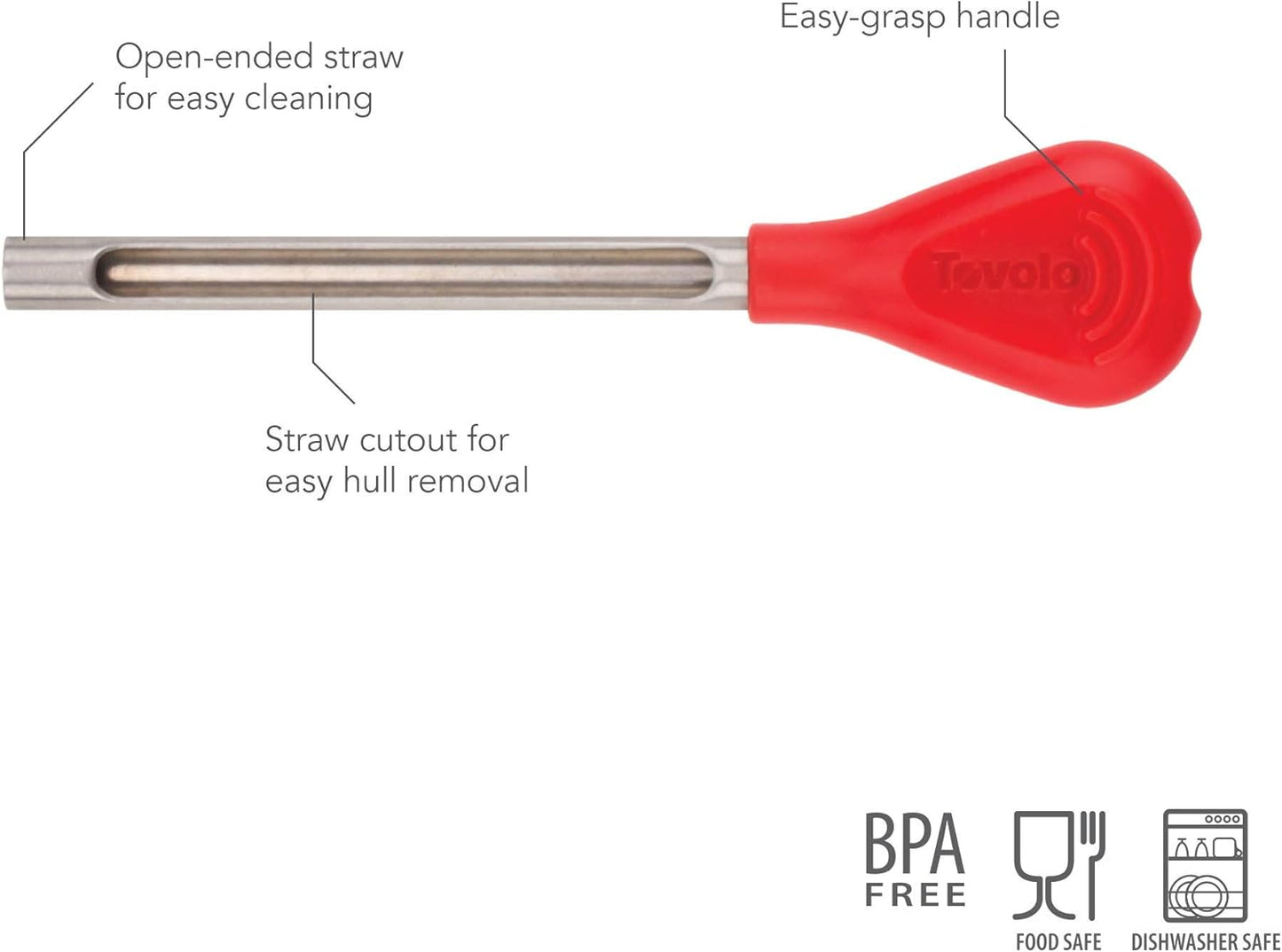 Tovolo Strawberry Huller, Stainless Steel Fruit Huller & Pitter, Reusable Strawberry Stem Remover With Easy-Grip Handle, Dishwasher-Safe & BPA-free