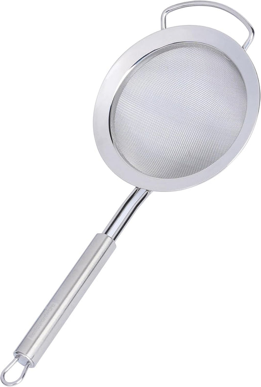Restaurantware 11.5 in Stainless Steel Fine Mesh Strainer - German Standard Sieve Sifter with Ergonomic Handle, Dishwasher Safe - Reinforced Metal Food Strainer for Quinoa, Soup, Sauce, Baking