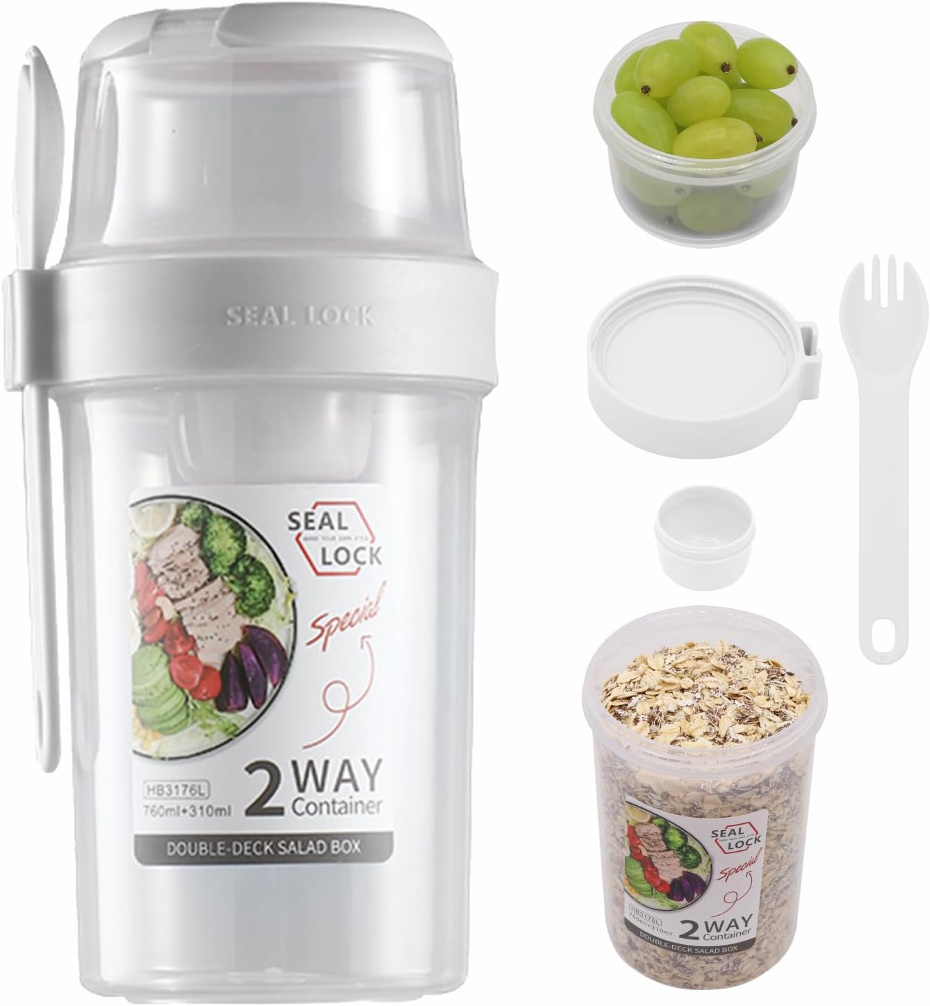 Breakfast On The Go Cups, Salad Cup To Go, Take And Go Yogurt Cereal Overnight Oats Snack Parfait Containers & Salad Dressing Holder With Fork For Lunch, Fruit & Vegetable Jar(White,29.5oz)