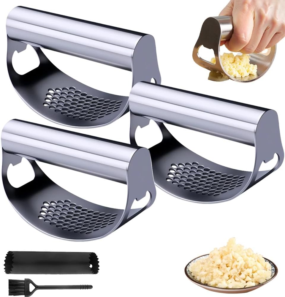 Garlic Press Rocker, Portable Manual Stainless Steel Garlic Press Rocker Crusher Masher with Garlic Peeling Drum for Home Kitchen Utensils (Silver*1)