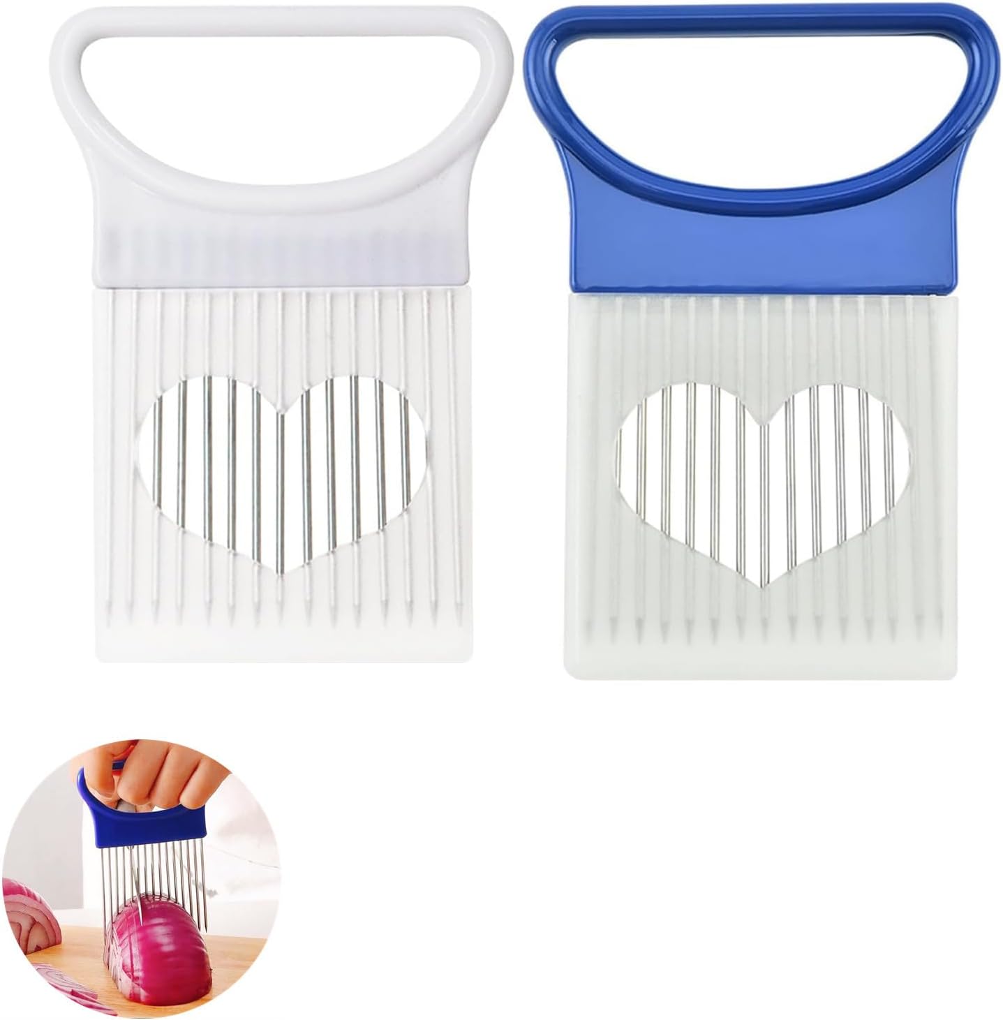 YVPSI 4pcs Onion Holder Slicer with Cover Stainless Steel Onion Cutter Vegetable Chopper Tomato Potato Slicer Cutter Food Slicer Assistant Tool for Tomato Lemon Avocados Vegetables Fruit and Meat