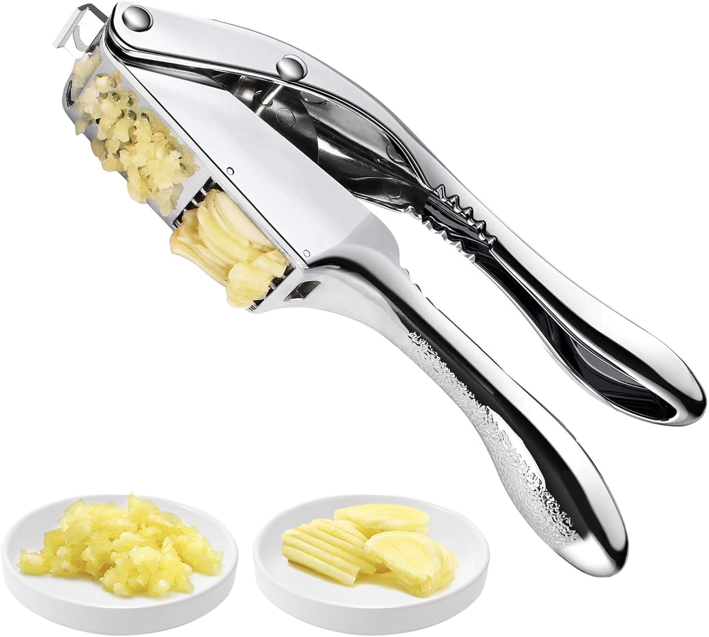 Garlic press and slicer 2 in 1,Effortlessly Crush, Slice, and Mince Garlic,with this Versatile Kitchen Tool - Perfect for Home Cooks and Professional Chefs Alike. (Silvery)