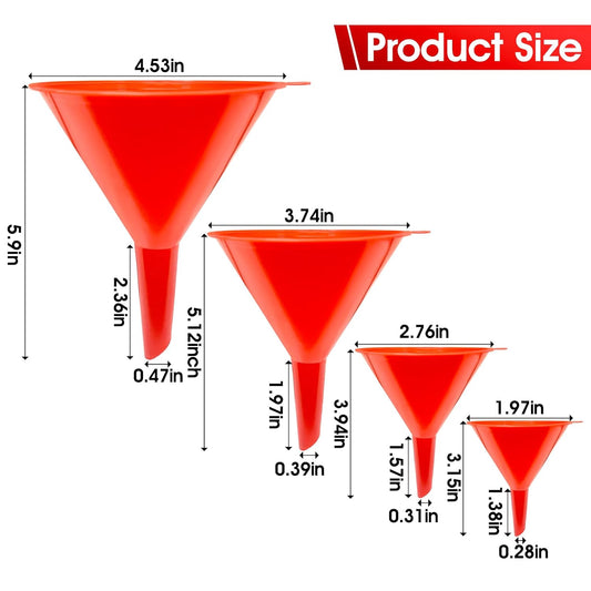 DEDC Oil Funnels, Plastic Gas Funnels Set for Car, Automotive, Kitchen, Mini Small Large Red (8pcs)