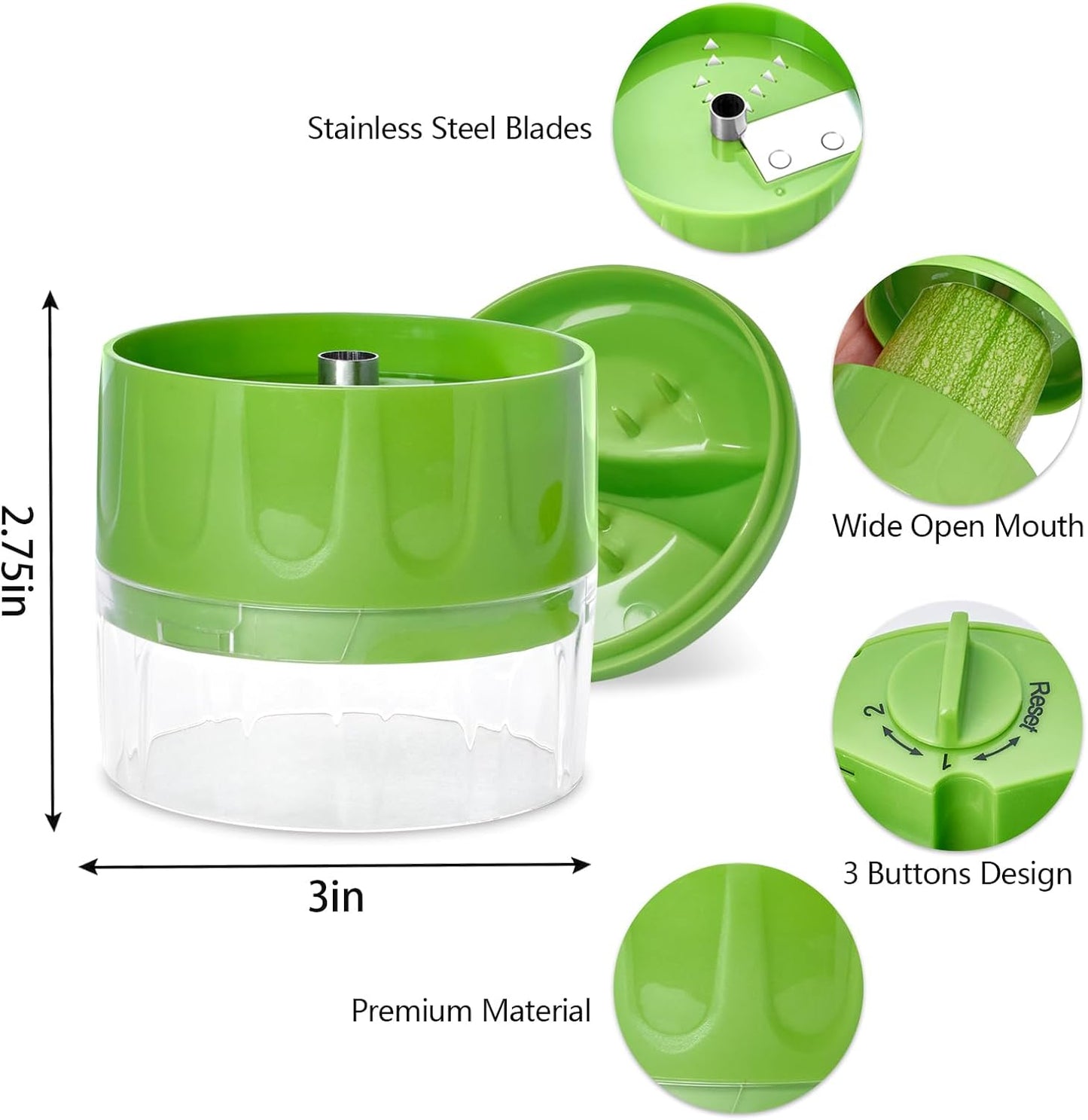 Handheld Low-Carb Spiralizer,3-in-1 Veggie Noodle Maker for Zucchini, Carrots & More, Compact Design for Small Kitchens, Rust-Resistant Stainless Steel Blades(Green)