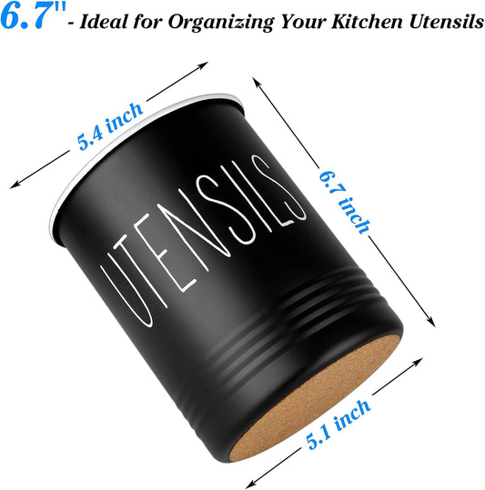 Bivvclaz Kitchen Utensil Holder, 6.7" Utensil Holder for Kitchen Counter, Cooking Utensil Crock with Cork Bottom, Modern Farmhouse Decor, Countertop Utensil Storage Organizer Caddy, Black