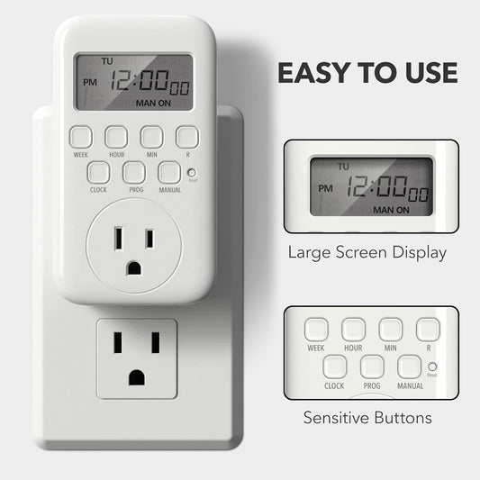 BN-LINK Indoor Digital Timer Outlet, Dual Outlet 7 Day Programmable Light Switch, 3 Prong Plug in Timers for Electrical Outlets, Lamps, Fans, 8 On/Off Programs, 1 Pack, 15A/1875W, ETL Listed