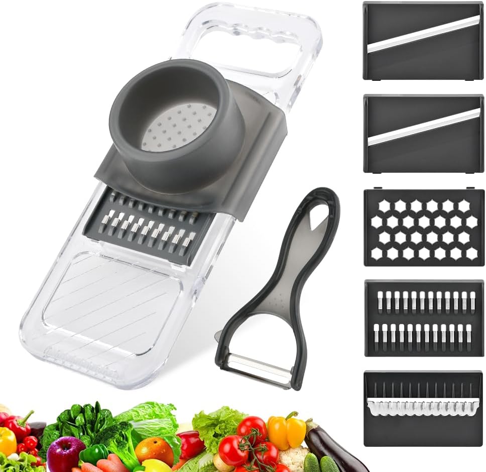 Mandoline Slicer for Kitchen, 6-in-1 Vegetable Chopper with Safe Hand Guard Easy-Clean Design & Compact Storage for Salad Prep, Chips, Fruits & Daily Cooking(COLOR:grey)