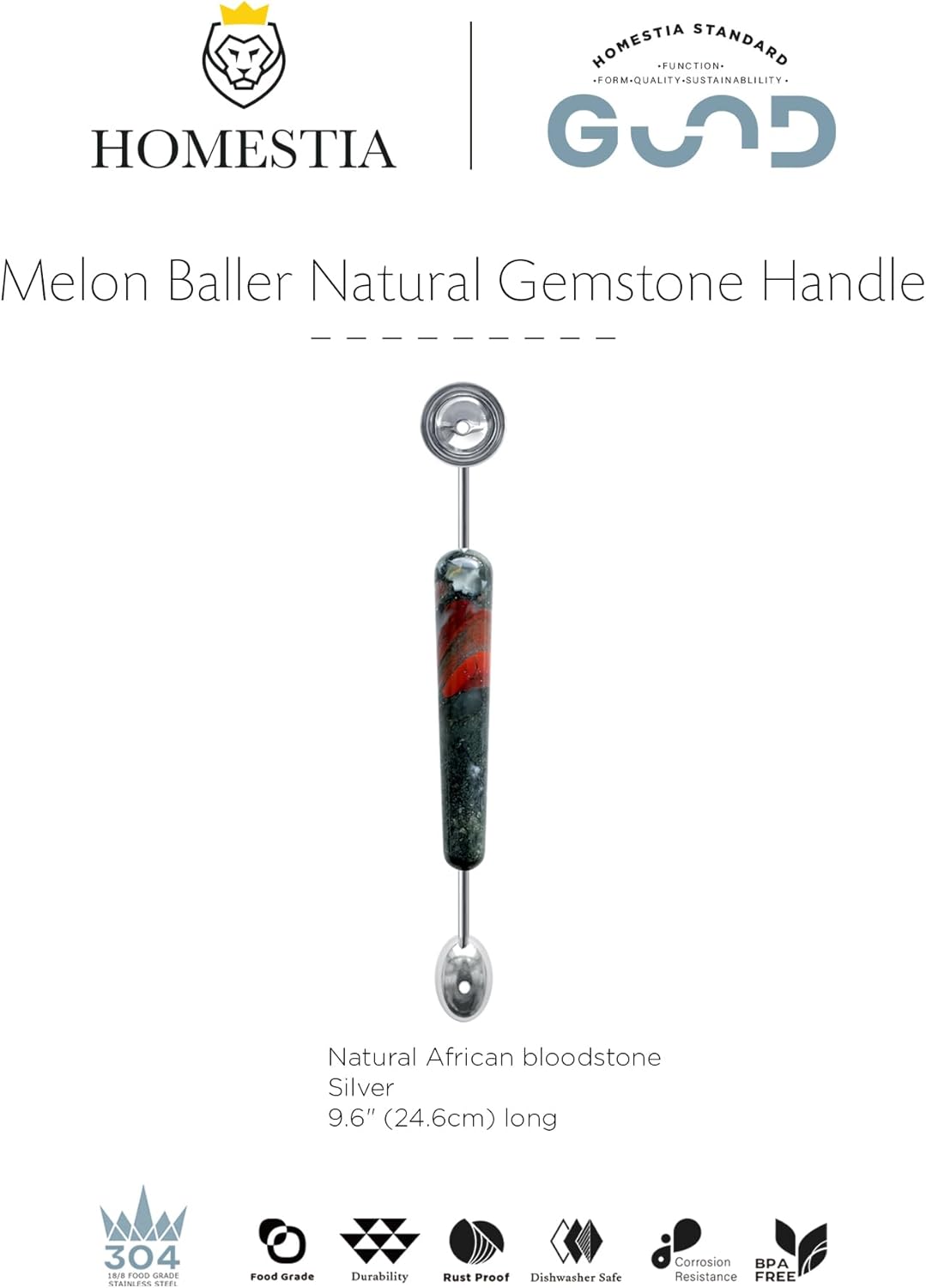 Homestia Double-Sided Stainless Steel Melon Baller - Fruit Ice Cream Scoop Spoon for Watermelon, Cantaloupe, Sorbet, Meatballs, 9.6 Inch with Gemstone Handle Icecream Melon Scooper