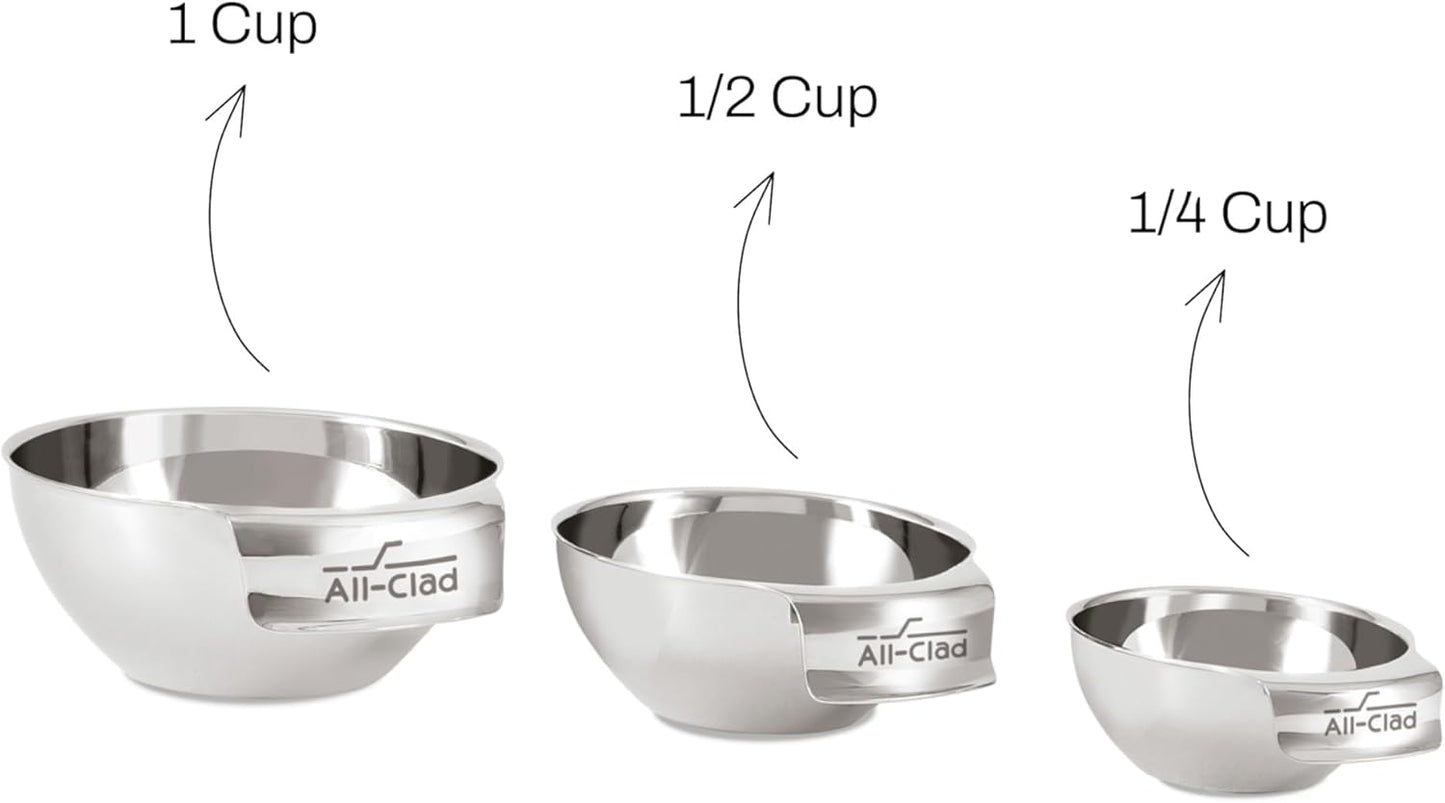 All-Clad Kitchen Essentials Stainless Steel Mini Measuring Bowl Set 3 Piece, Includes 1, 1/2 and 1/4 Stackable Measuring Cups, Gadgets for Cooking & Baking, Cookware Tools, Dishwasher Safe, Silver