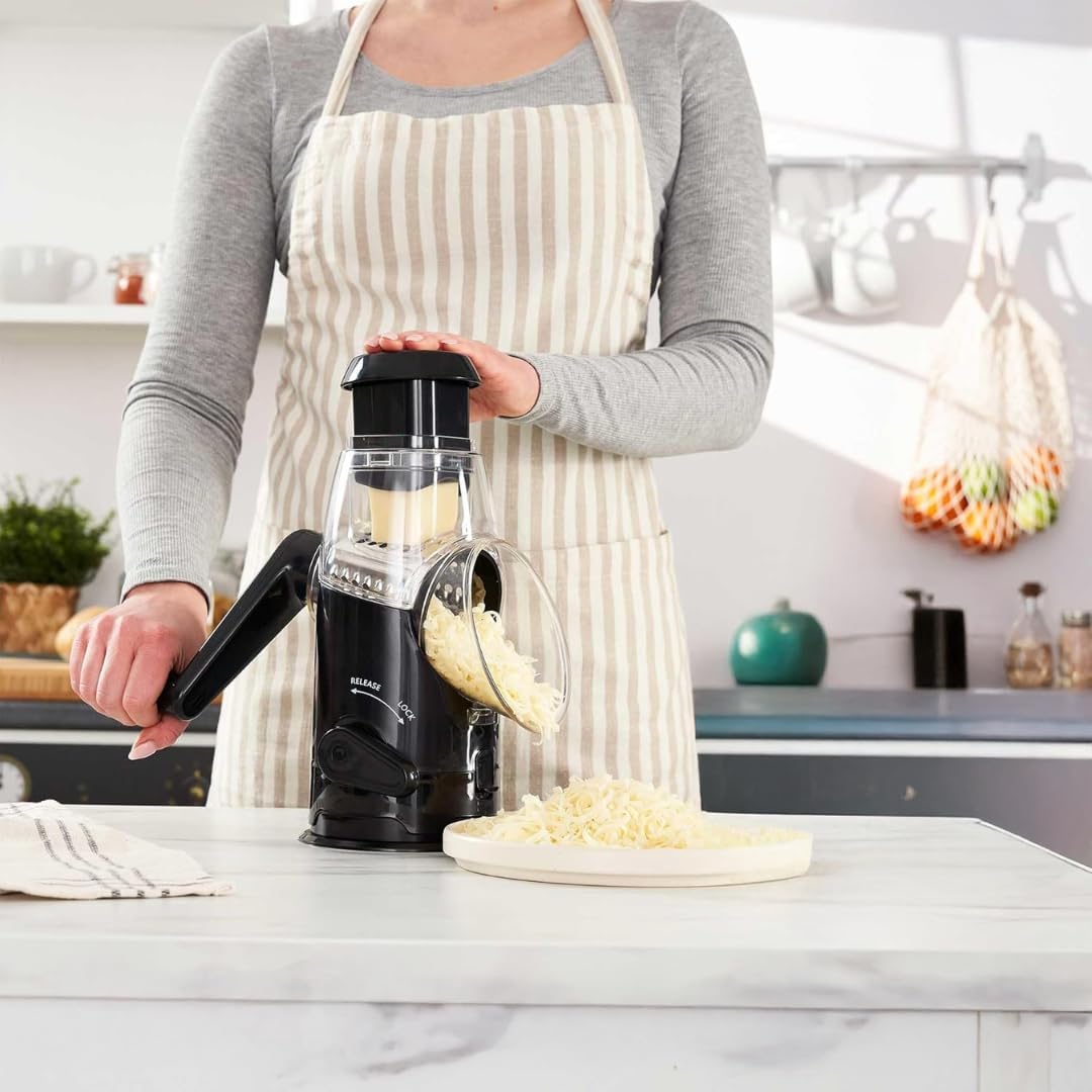 GINSU Plastic Rotary Cheese Grater with Handle – 8x6x10in Manual Cheese,Vegetable Grater with Easy-Turn Crank, Non-Slip Base, Durable Kitchen Tool
