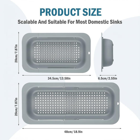 Extendable Over Sink Colander, 13.58"-18.9" Adjustable Strainer Basket for Washing Fruits & Draining Pasta, Fits Most Kitchen Sinks (Grey, 1 Pack)
