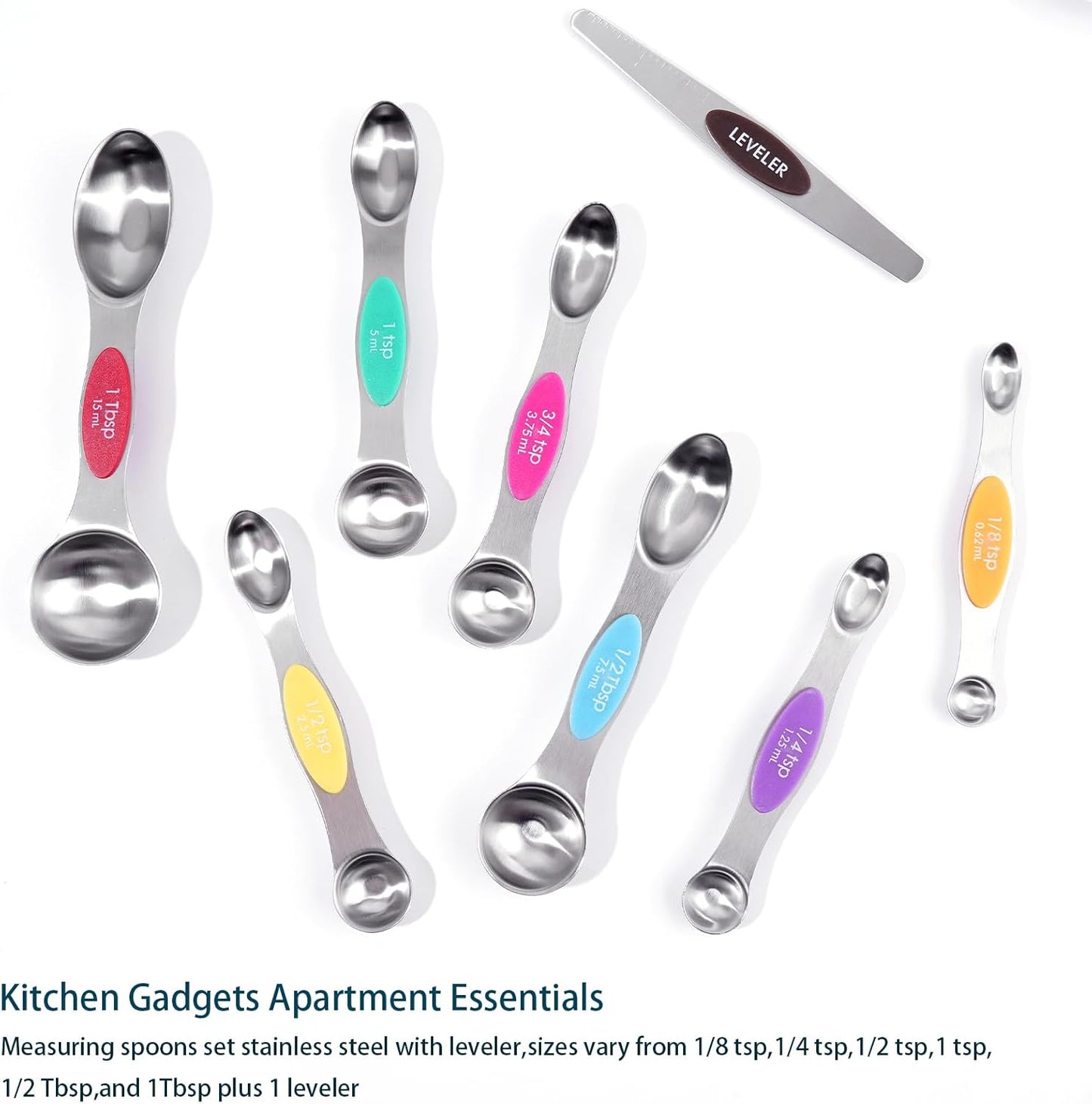 Magnetic Measuring Spoons Set of 8, Stainless Steel Double End Stackable Teaspoon for Cooking and Baking, Tablespoon with Leveler for Measuring Dry and Liquid Ingredients, Multicolor