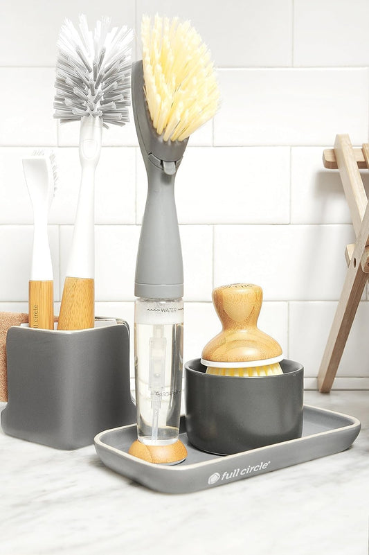 Full Circle Stash, Ceramic Kitchen Sink Caddy, Stylish Sponge Holder & Dish Brush Organizer, Easy to Clean, Dishwasher Safe, Rustproof, White and Gray