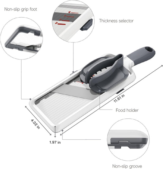 ZKIRON Handheld Mandoline Slicer for Kitchen - Adjustable 3-Thickness Vegetable Slicer (1mm-3mm) with Food Holder - Safe Potato Slicer & Cucumber Cutter for Salad, Easy to Clean (Gray)