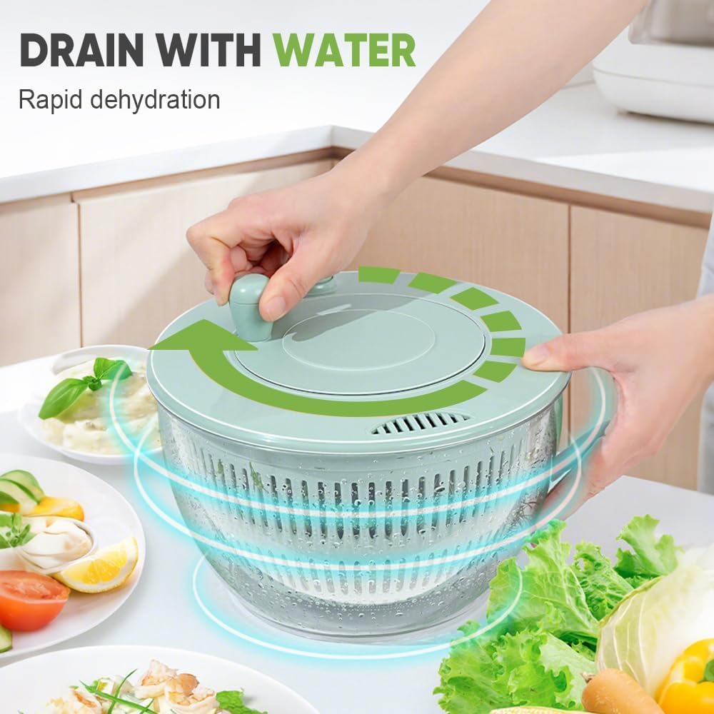 All-in-One Salad Spinner & Vegetable Chopper, Large 5.3Qt Lettuce Spinner Dryer with 5 Blades Slicer Shredder, Multifunctional Vegetable Cutter Fruit Washer Bowl for Kitchen Prep (Green)