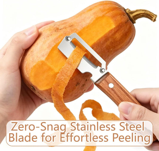 2 Pack Premium 2-in-1 Multi Functional Vegetable and Fruit Peeler with Bottle Opener, Wooden Handle, Stainless Steel Blade-Zero Snag, Smooth Glide Kitchen Tool for Potato, Carrot,Sugar Cane and More