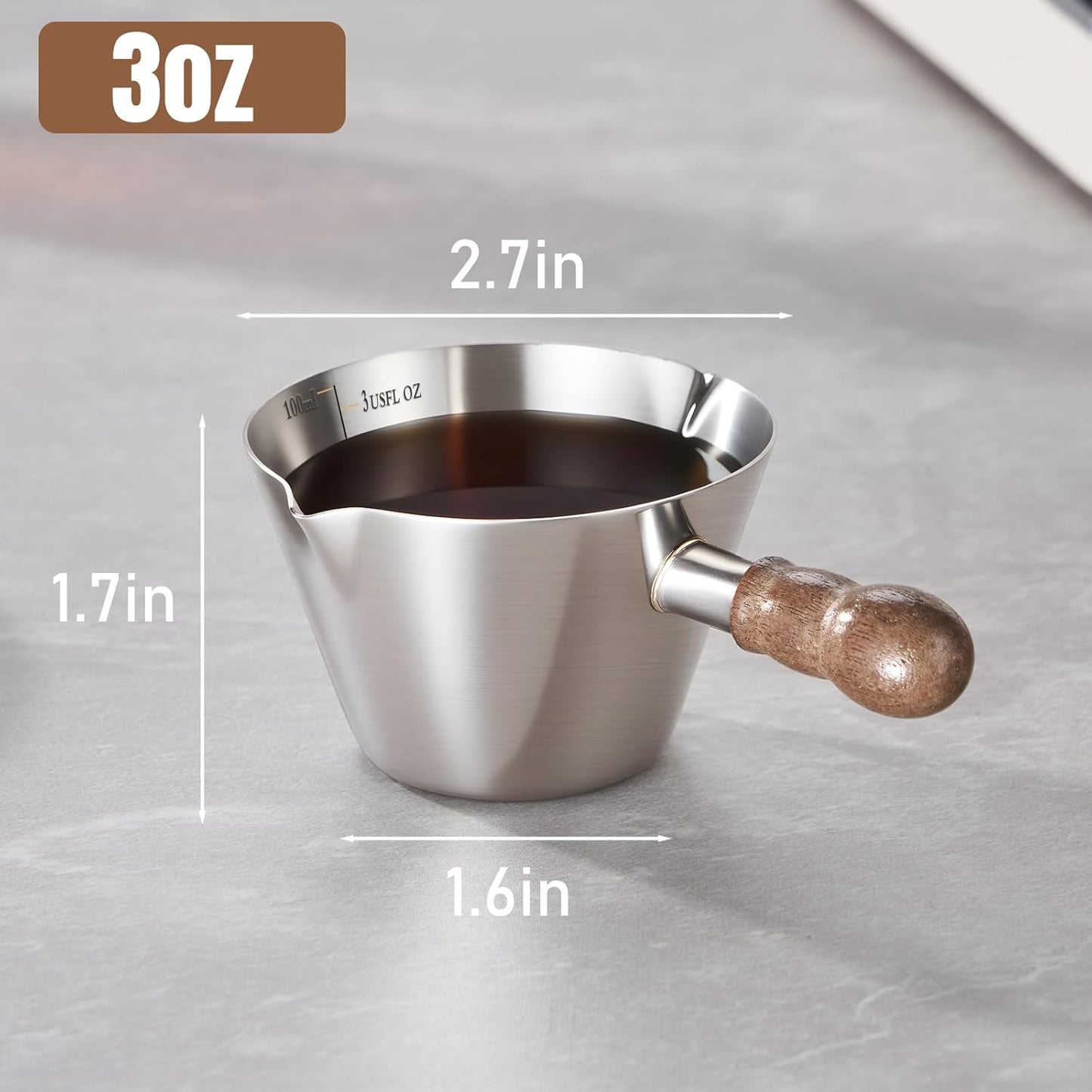 Baalaka Stainless Steel Espresso Cups Set of 2, 3 OZ Double Spout Glass Measuring Cup with Handle, Milk Frothing Pitcher with Spout & Scale, Espresso Accessories for Coffee, Latte Art and Kitchen Use