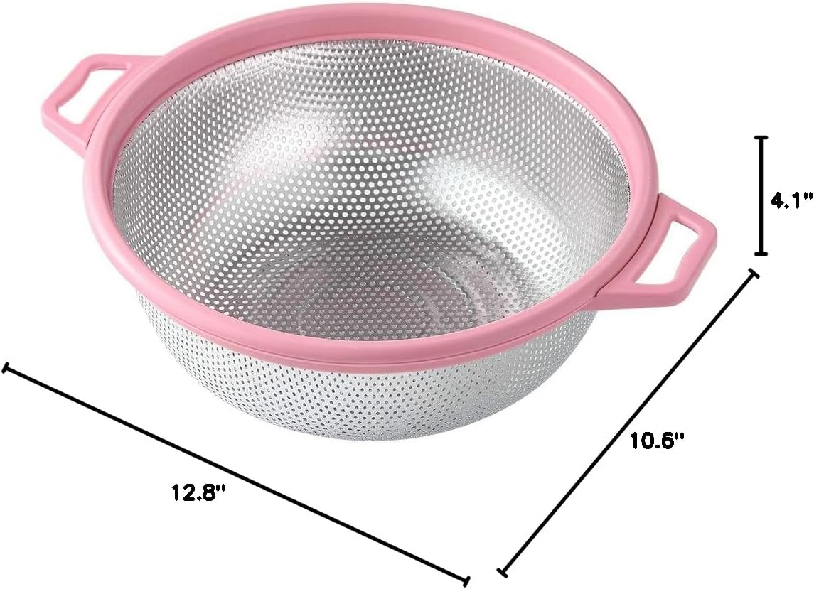HiramWare Stainless Steel Colander With Handle and Legs, Large Metal Pink Strainer for Pasta, Spaghetti, Berry, Veggies, Fruits, Noodles, Salads, 5-quart 10.5” Kitchen Mesh Colander, Dishwasher Safe