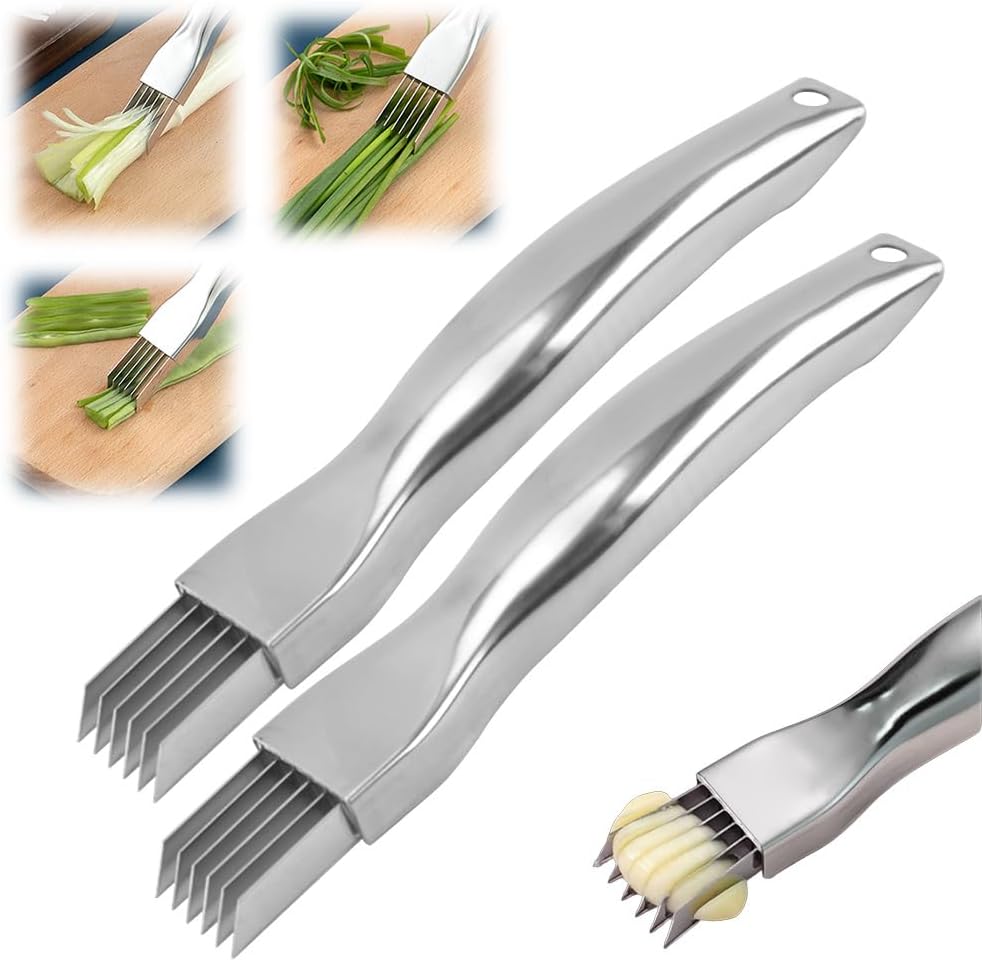 Shred Silk The Knife, Stainless Steel Green Onion Slicer Food Speedy Chopper, Onion Knife Sharp Scallion Shredding Cutter, Kitchen Vegetable Cutter Household Multifunctional Food Slicer (1, Silver)
