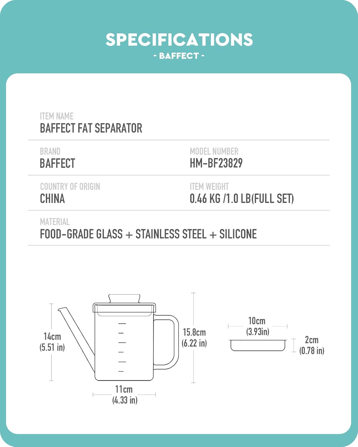 Baffect Glass Fat Separator, Bacon Grease Container with Strainer, Frying Oil Storage Can for Cooking (1L /4 Cups)