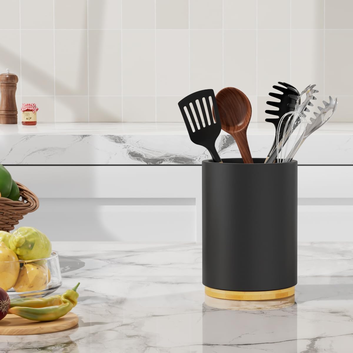 Utensil Holder, Acacia Wood Kitchen Utensil Holder for Countertop, 360°Rotating Cooking Utensil Crock for Kitchen Counter, 7.2" Large Utensil Organizer for Spatula